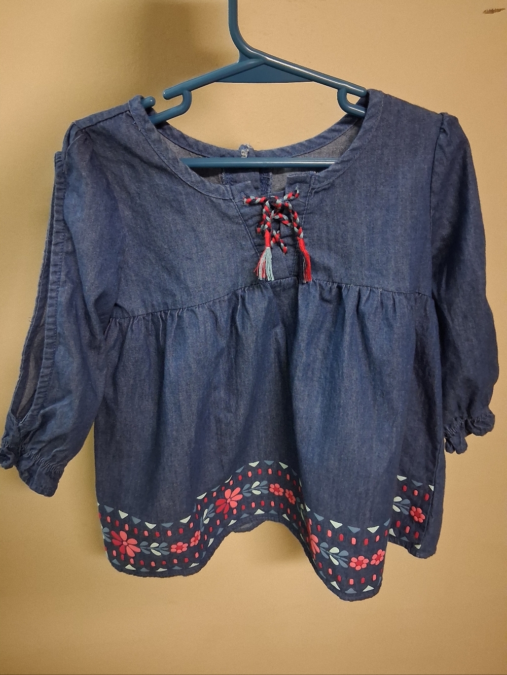 Nannette Fasty 100% Cotton Blue Denim Summery Dress With Floral Trim Sz 6